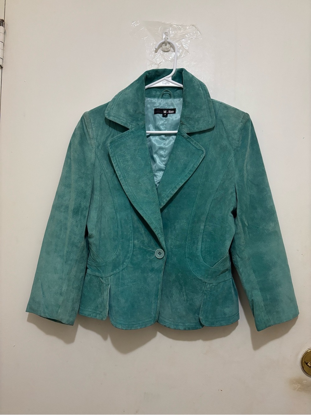 ID Fixe Genuine Suede Leather Teal Peplum Blazer Jacket Size 8